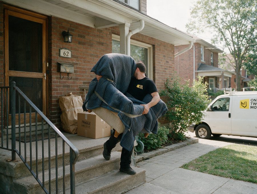 Movers carrying a wrapped sofa down the front steps of a Toronto house